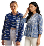 Combo of 2 Blue and Blue Cotton Women Top