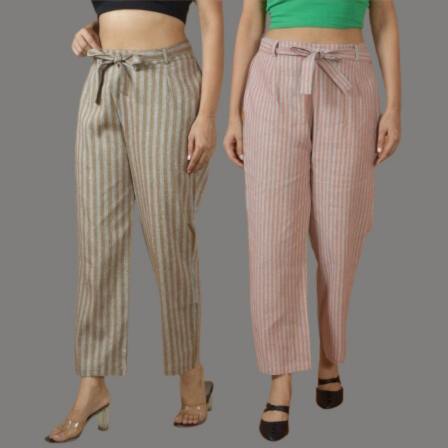 Combo of 2 Women Yellow Purple Cotton Checks Belt Pant