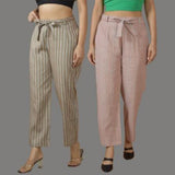 Combo of 2 Women Yellow Purple Cotton Checks Belt Pant