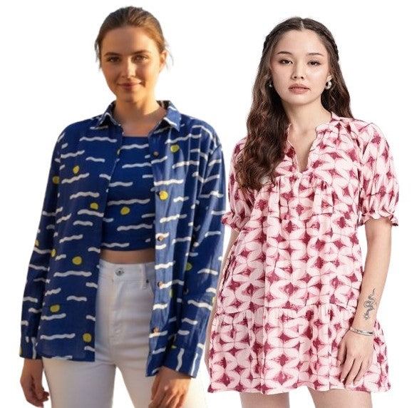 Combo of 2 Blue and White Cotton Women Top