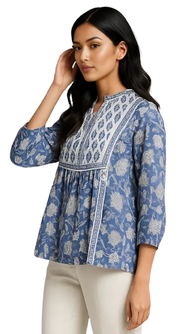 Combo of 2 BEIGE And BLUE Cotton Flax Women Top (15050-ESHK00033)