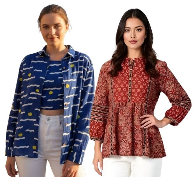 Combo of 2 Blue and Maroon Cotton Women Top