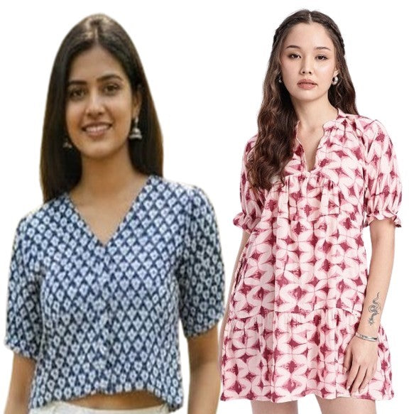 Combo of 2 BLUE And PINK Cotton Flax Women Top (15051-15001)