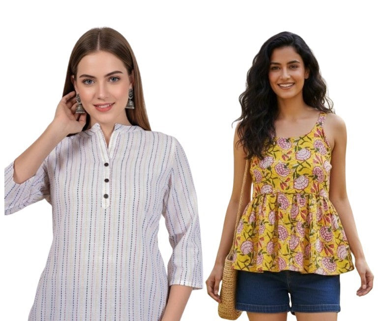 Combo of 2 WHITE And YELLOW Cotton Flax Women Top