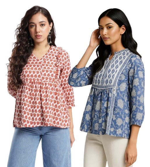 Combo of 2 REDCREAM And BLUE Cotton Flax Women Top (TP066-ESHK00033)