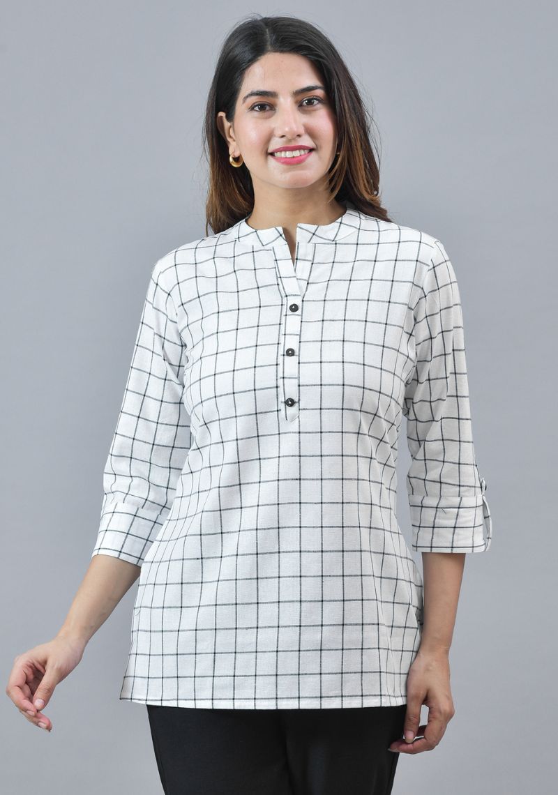 Women Checked Mandarin Collar Cotton Top