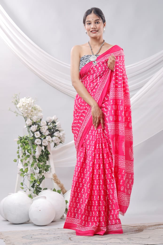Bagru Block Print Cotton mulmul Sarees With Running Blouse