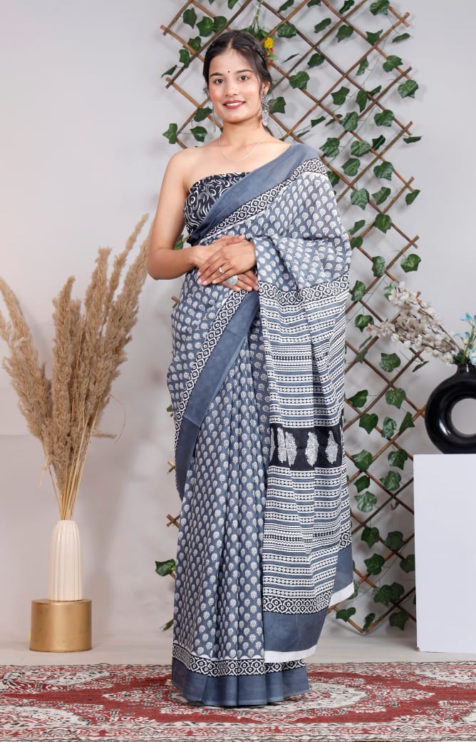 Bagru Block Print Cotton mulmul Sarees With Running Blouse