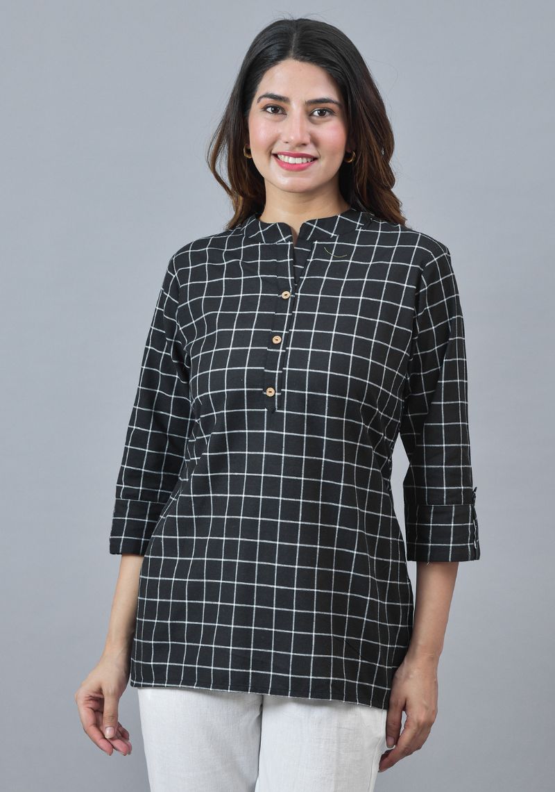 Women Checked Mandarin Collar Roll-Up Sleeves Cotton Shirt Style Top