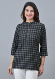 Women Checked Mandarin Collar Roll-Up Sleeves Cotton Shirt Style Top