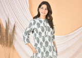 Women White Gray Printed Top T-12