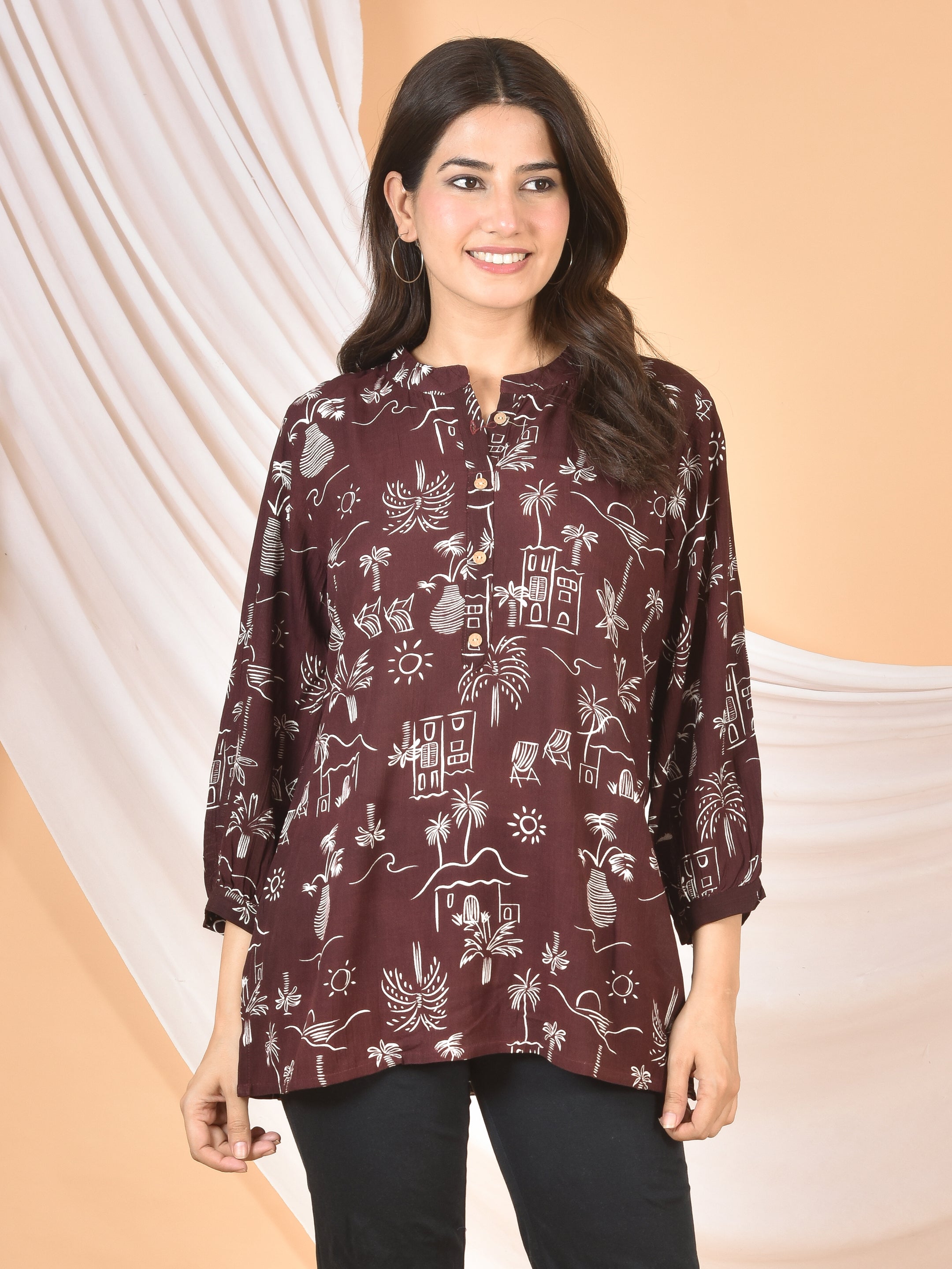 Women Brown printed Top T-04
