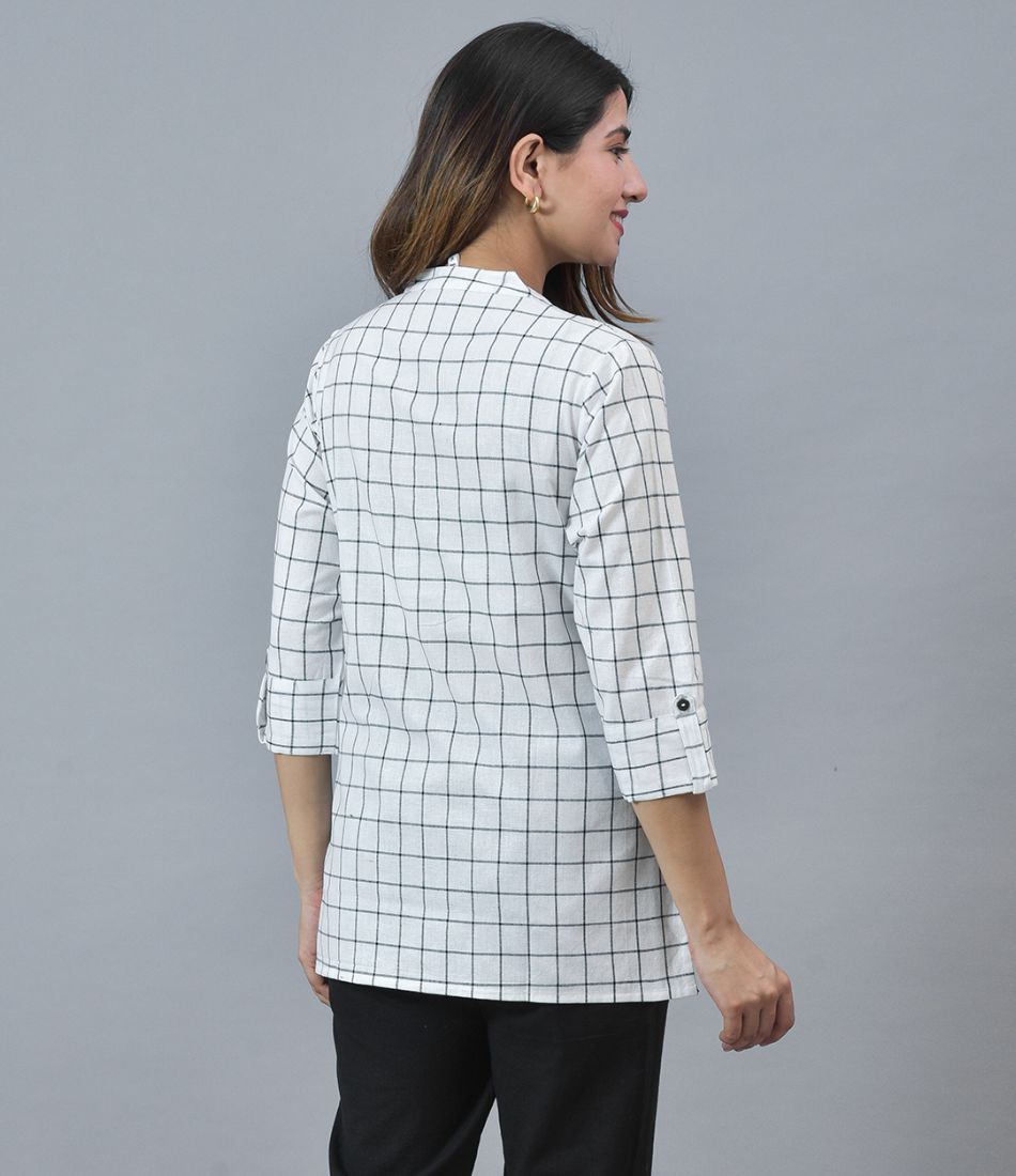 Women Checked Mandarin Collar Cotton Top