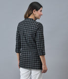 Women Checked Mandarin Collar Roll-Up Sleeves Cotton Shirt Style Top
