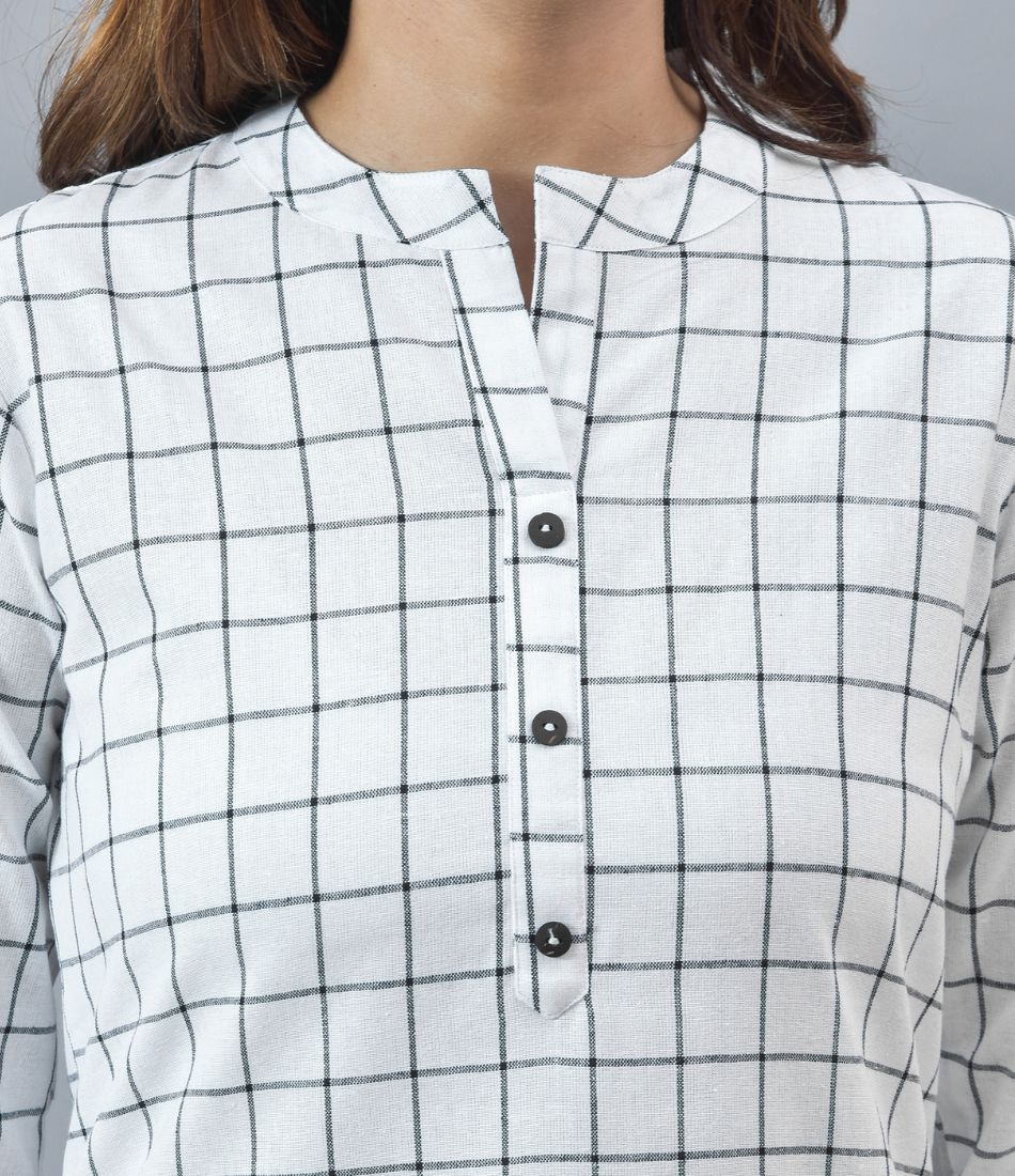 Women Checked Mandarin Collar Cotton Top