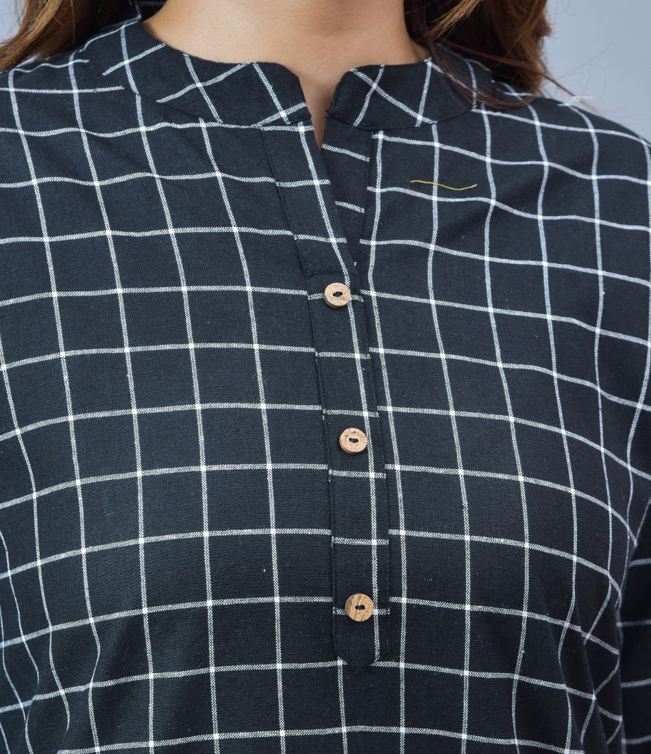 Women Checked Mandarin Collar Roll-Up Sleeves Cotton Shirt Style Top