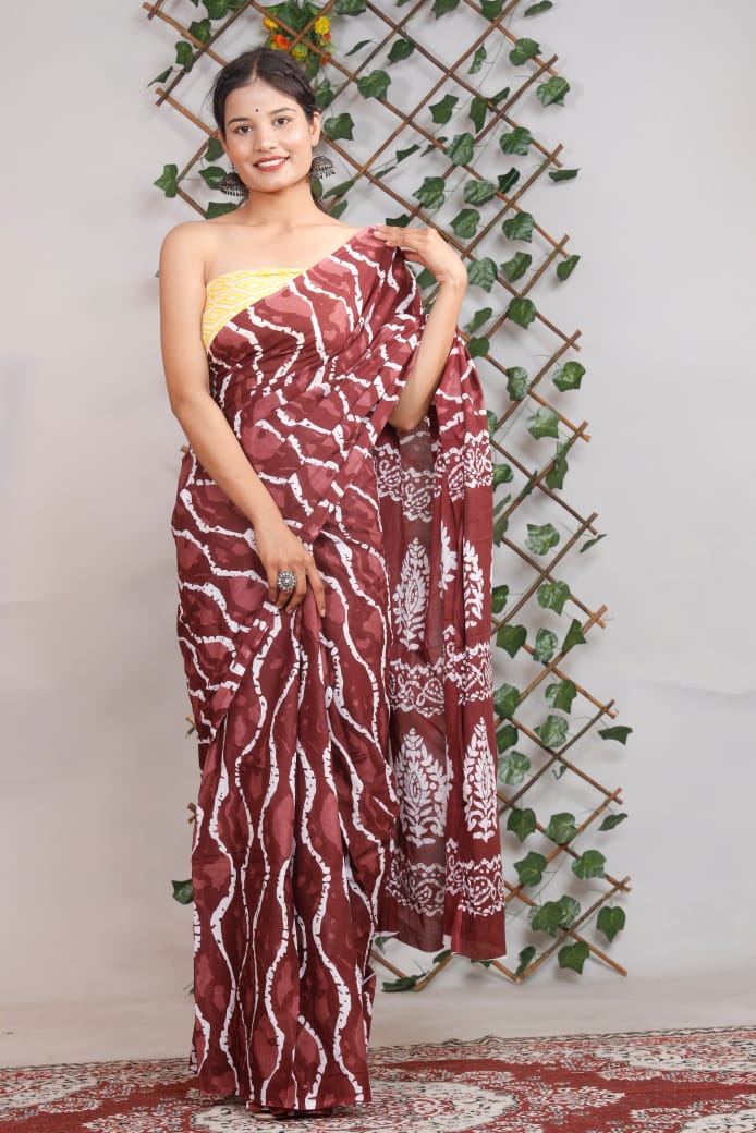Handblock cotton printed saree Red