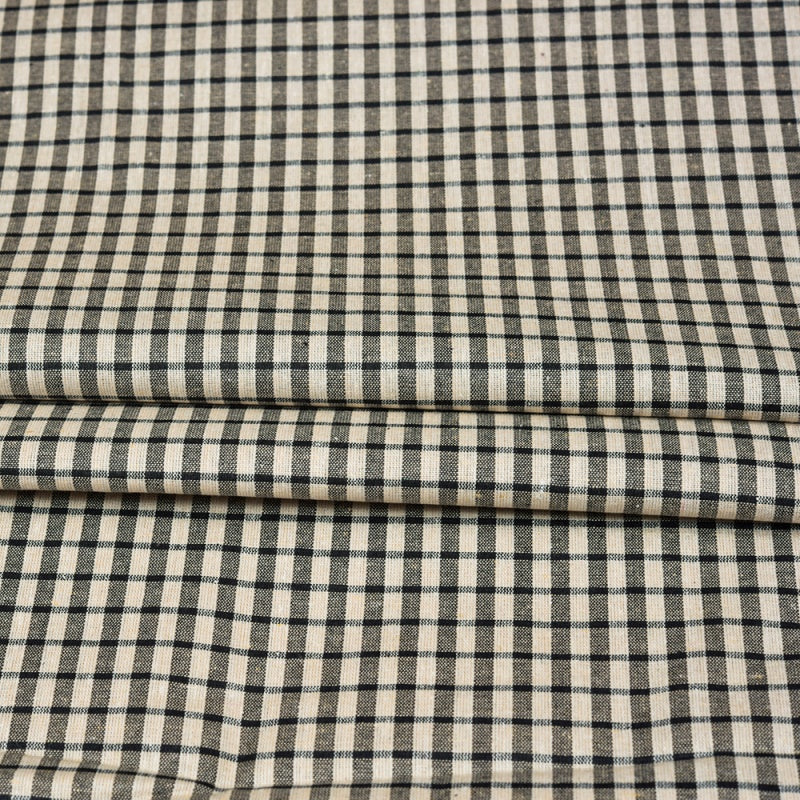 Beige Black Small Checks Cotton Handloom Fabric