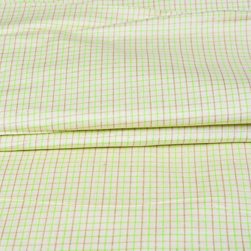 Beige Green Small Checks Cotton Handloom Fabric
