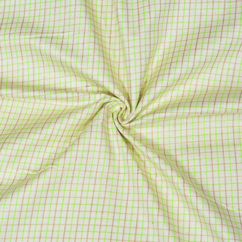 Beige Green Small Checks Cotton Handloom Fabric