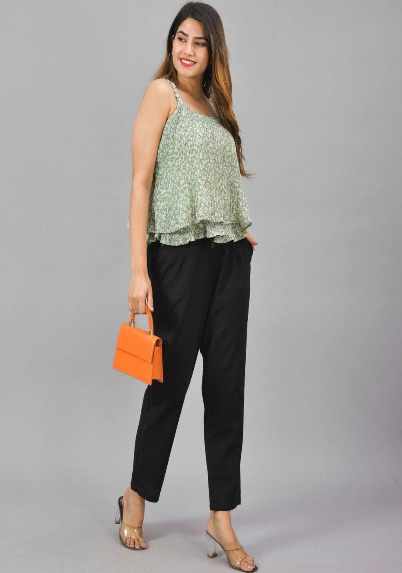 Black Solid Cotton Flax Women Trouser