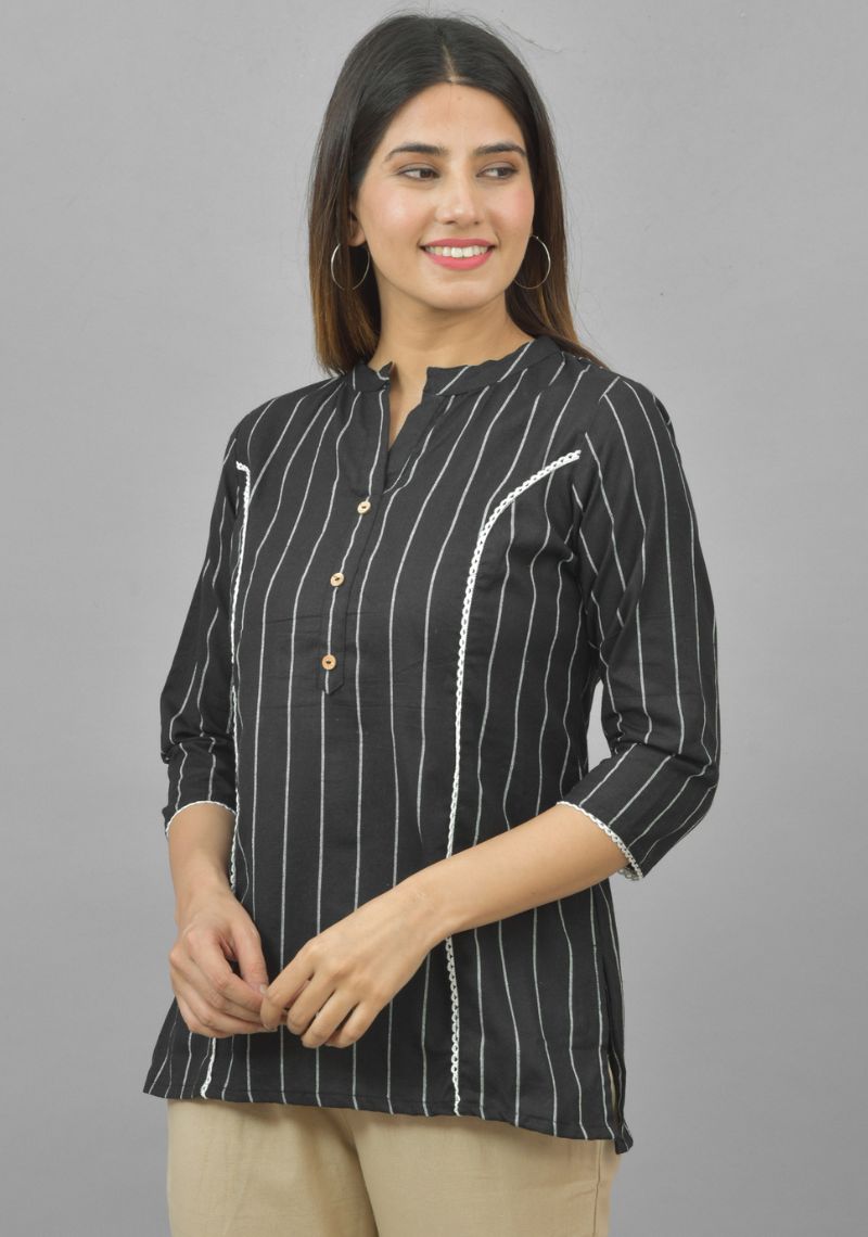 Women Striped Mandarin Collar Cotton Top
