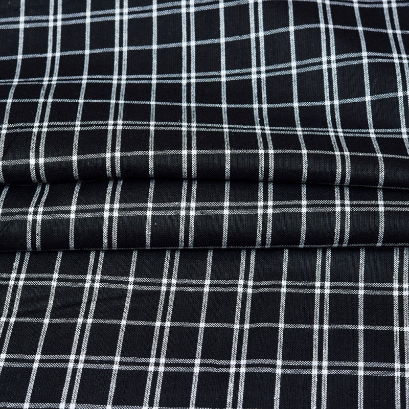 Black White Triple Line Checks Cotton Handloom FabriC