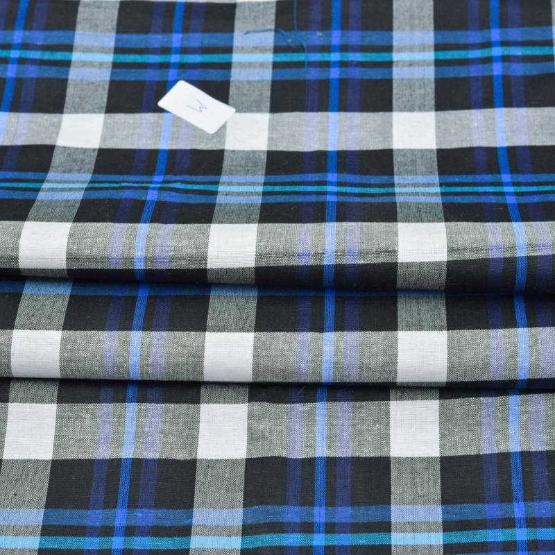 Blue Black and White Checks Handloom Cotton Fabric