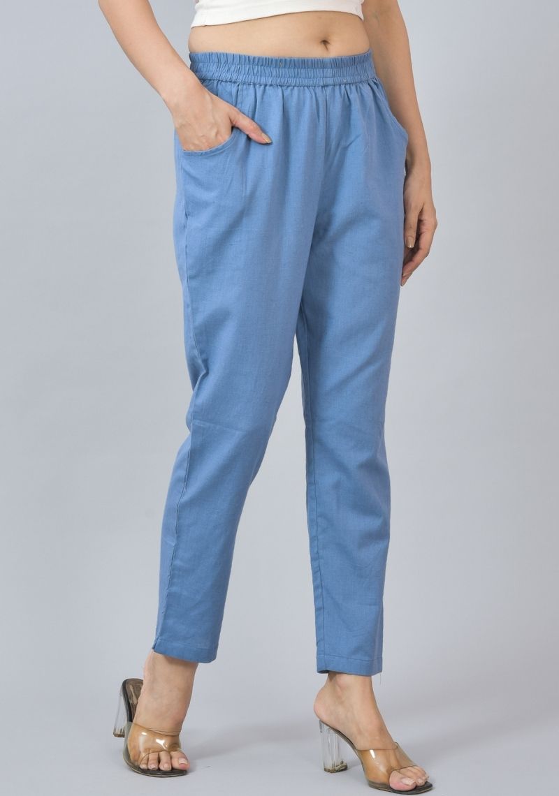 Blue Solid Cotton Flax Trouser Pants