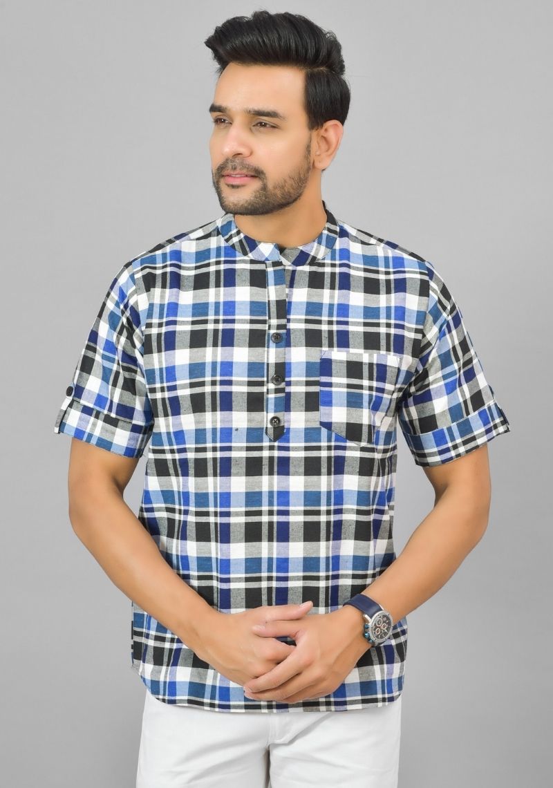 BLUE WHITE AND BLACK CHECKS COTTON HANDLOOM CORD SET-25292