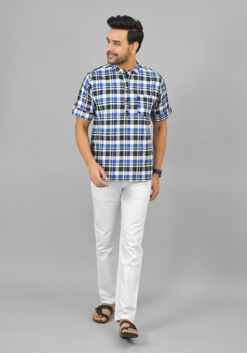 BLUE WHITE AND BLACK CHECKS COTTON HANDLOOM CORD SET-25292