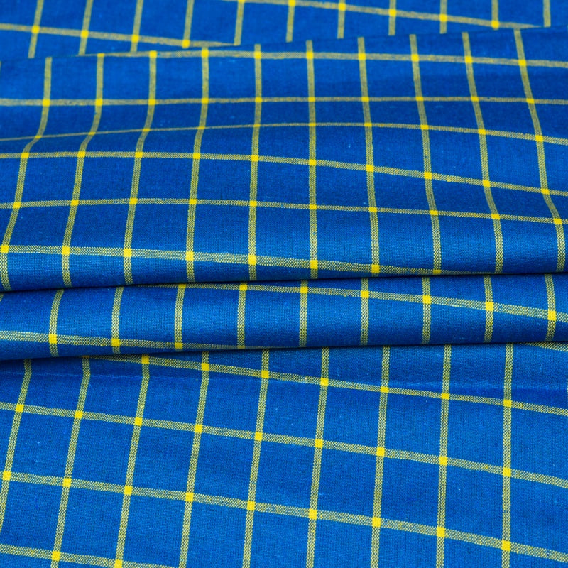 Blue Yellow Checks Cotton Handloom Fabric