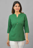 Bottle Green Solid Cotton Flax Women Top-10386