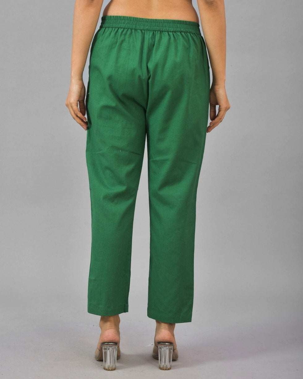 Bottle Green Solid Cotton Flax Women Trouser