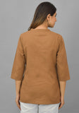 Brown Solid Cotton Flax Women Top-10389