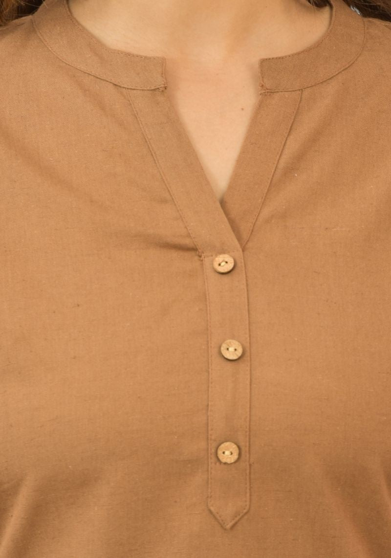 Brown Solid Cotton Flax Women Top-10389