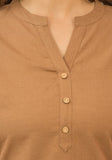 Brown Solid Cotton Flax Women Top-10389