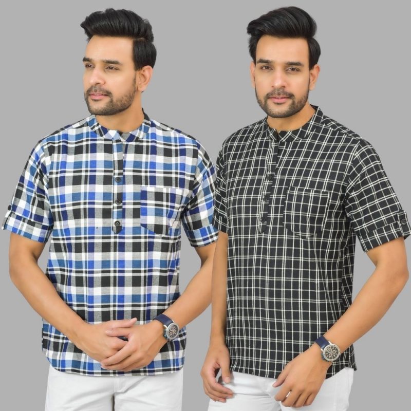 Combo of 2 Black and Blue Cotton Handloom Short Kurta-25371
