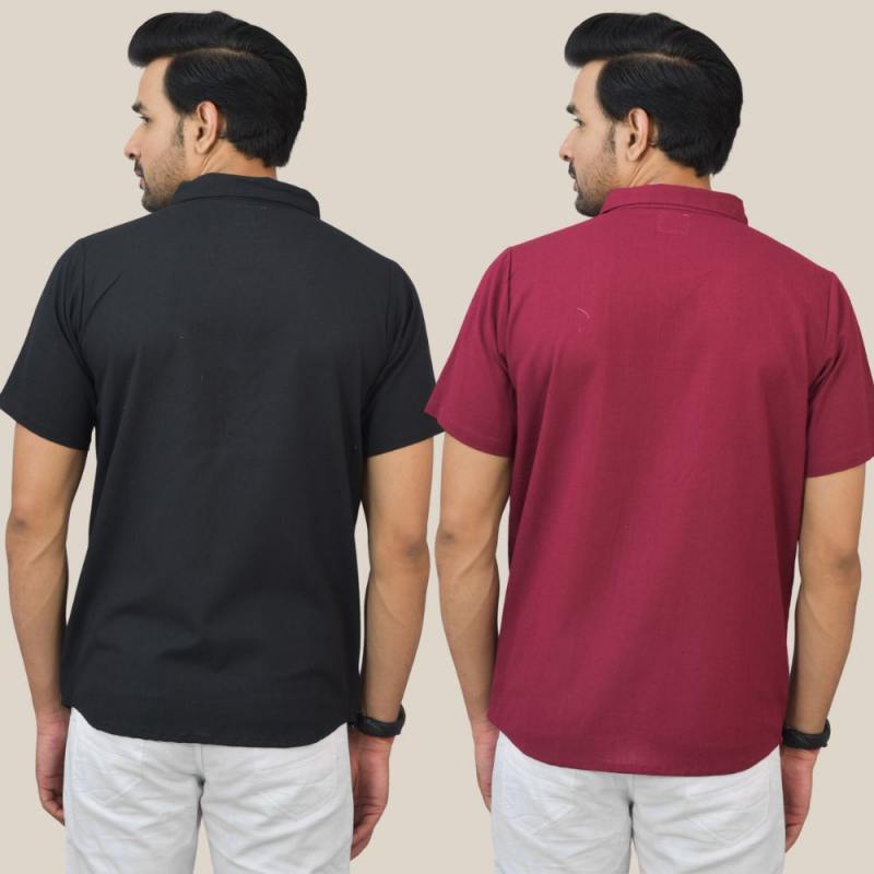 Combo of 2 Black and Maroon Solid Cotton Men Shirt