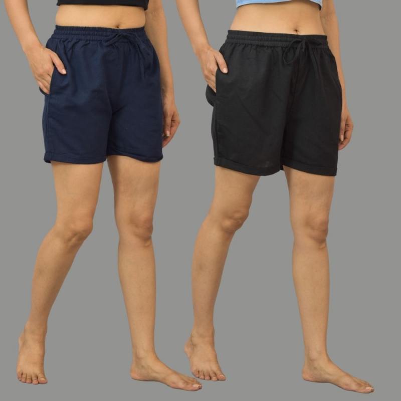 Combo of 2 Black and Navy Blue Cotton Women Shorts