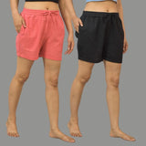 Combo of 2 Black and Peach Cotton Women Shorts