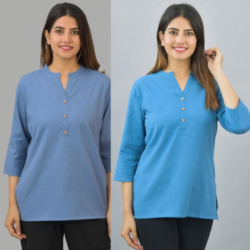 Combo of 2 Blue and Denim Blue Cotton Flax Women Top