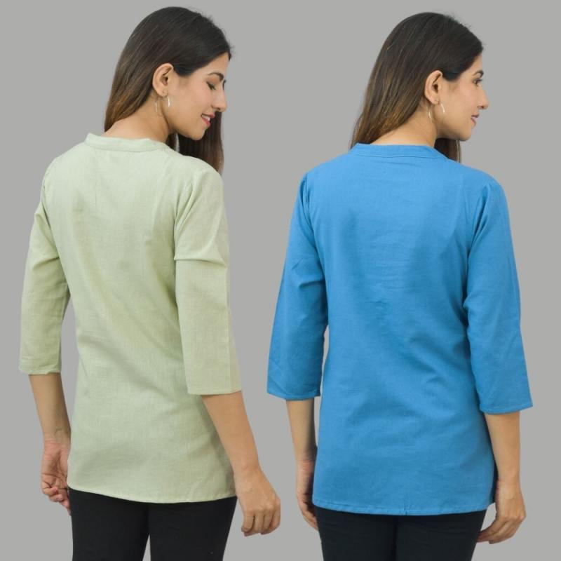 Combo of 2 Blue and Mint Green Cotton Flax Women Top