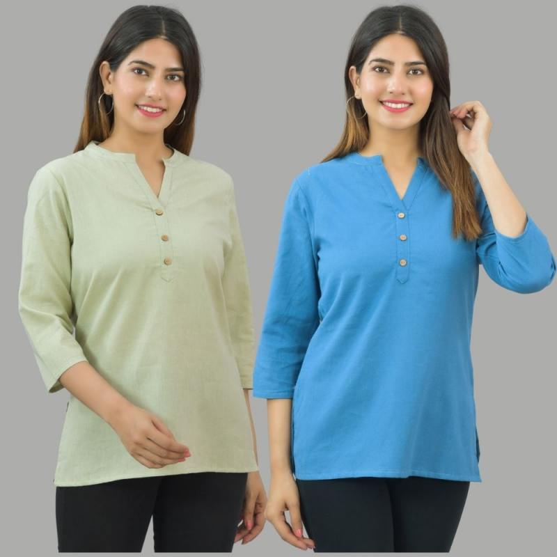 Combo of 2 Blue and Mint Green Cotton Flax Women Top