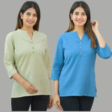 Combo of 2 Blue and Mint Green Cotton Flax Women Top