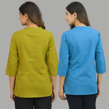Combo of 2 Blue and Olive Green Cotton Flax Women Top