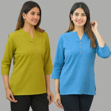 Combo of 2 Blue and Olive Green Cotton Flax Women Top