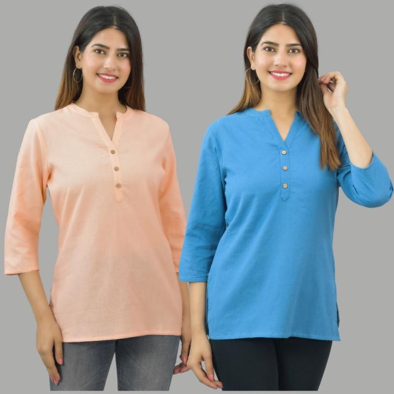 Combo of 2 Blue and Peach Cotton Flax Women Top