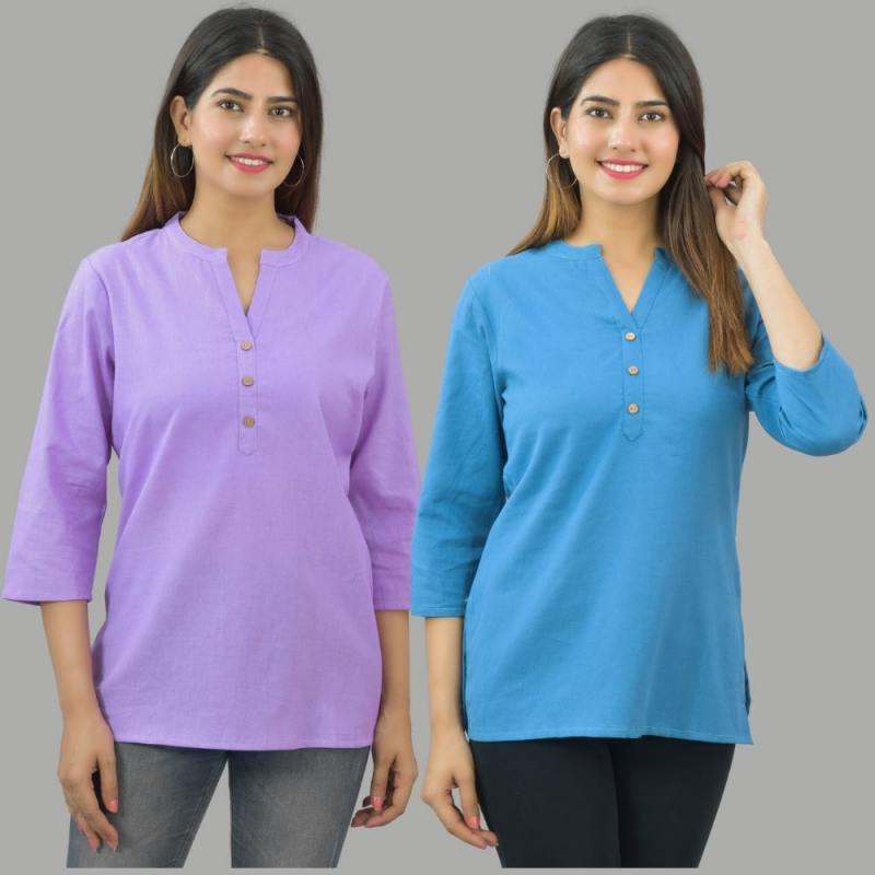 Combo of 2 Blue and Purple Cotton Flax Women Top