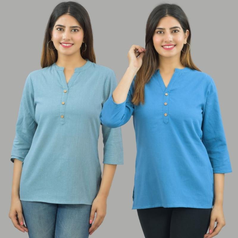 Combo of 2 Blue and Sky Blue Cotton Flax Women Top